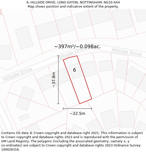 6, HILLSIDE DRIVE, LONG EATON, NOTTINGHAM, NG10 4AH: Plot and title map