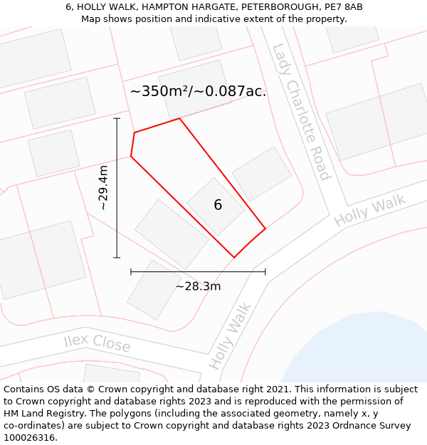 6, HOLLY WALK, HAMPTON HARGATE, PETERBOROUGH, PE7 8AB: Plot and title map