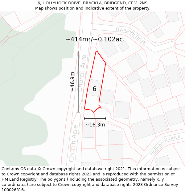 6, HOLLYHOCK DRIVE, BRACKLA, BRIDGEND, CF31 2NS: Plot and title map