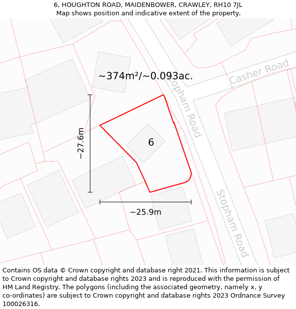 6, HOUGHTON ROAD, MAIDENBOWER, CRAWLEY, RH10 7JL: Plot and title map