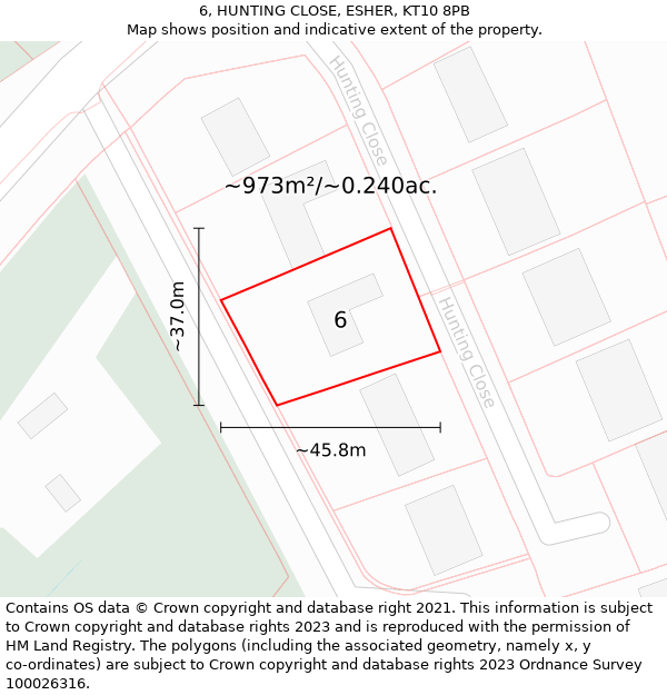 6, HUNTING CLOSE, ESHER, KT10 8PB: Plot and title map