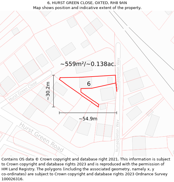 6, HURST GREEN CLOSE, OXTED, RH8 9AN: Plot and title map