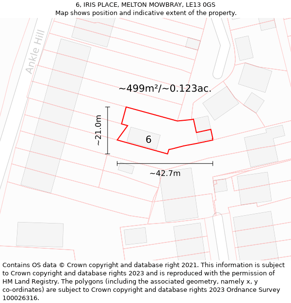 6, IRIS PLACE, MELTON MOWBRAY, LE13 0GS: Plot and title map