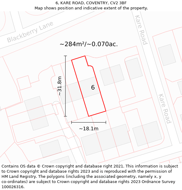 6, KARE ROAD, COVENTRY, CV2 3BF: Plot and title map