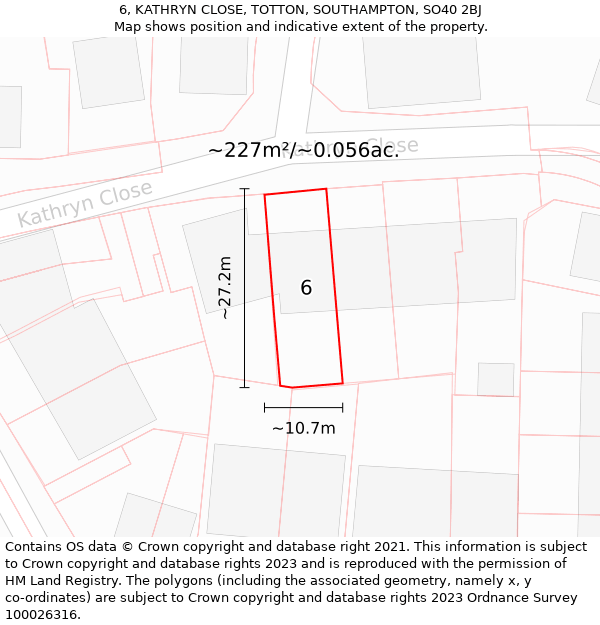 6, KATHRYN CLOSE, TOTTON, SOUTHAMPTON, SO40 2BJ: Plot and title map