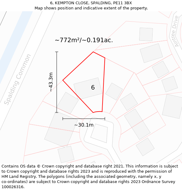 6, KEMPTON CLOSE, SPALDING, PE11 3BX: Plot and title map