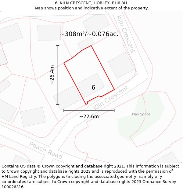 6, KILN CRESCENT, HORLEY, RH6 8LL: Plot and title map