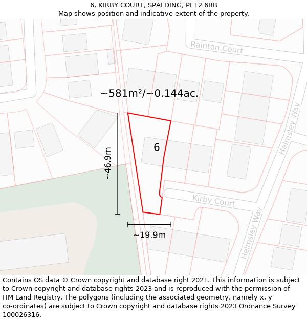 6, KIRBY COURT, SPALDING, PE12 6BB: Plot and title map