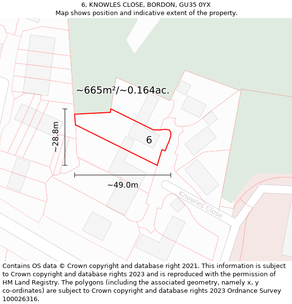 6, KNOWLES CLOSE, BORDON, GU35 0YX: Plot and title map