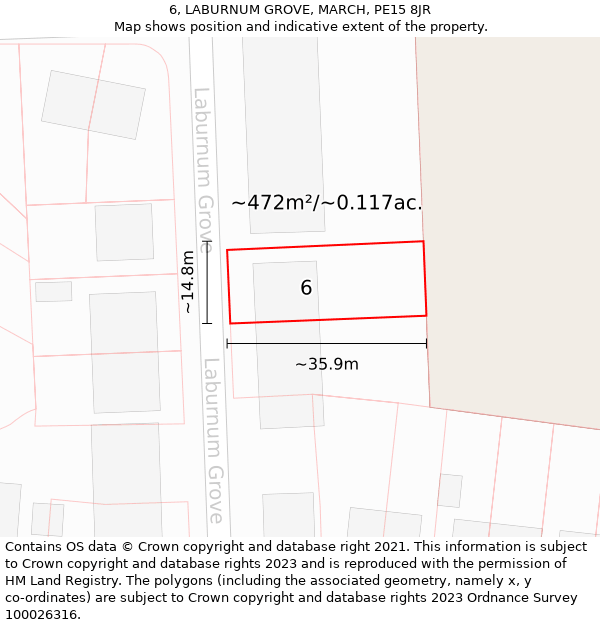 6, LABURNUM GROVE, MARCH, PE15 8JR: Plot and title map