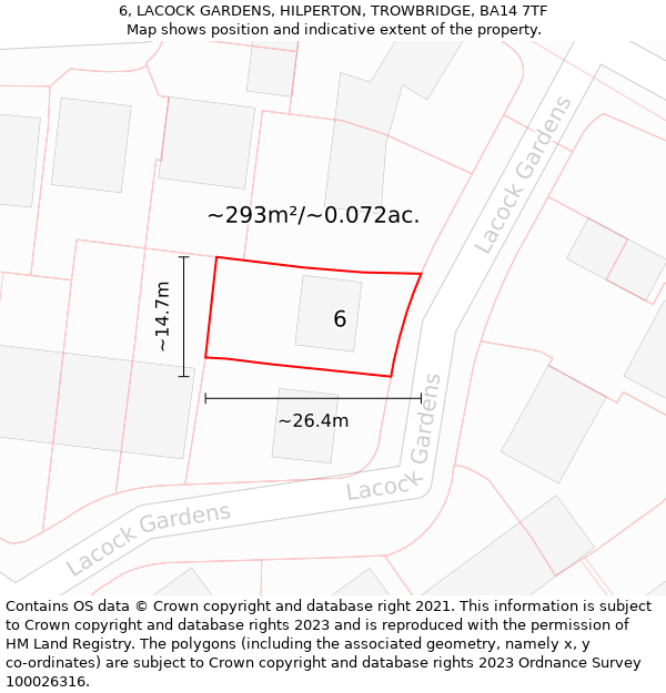 6, LACOCK GARDENS, HILPERTON, TROWBRIDGE, BA14 7TF: Plot and title map