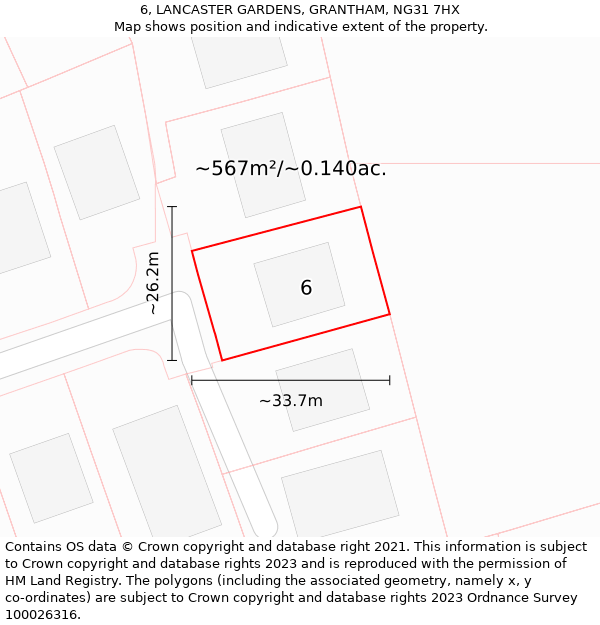 6, LANCASTER GARDENS, GRANTHAM, NG31 7HX: Plot and title map