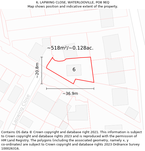 6, LAPWING CLOSE, WATERLOOVILLE, PO8 9EQ: Plot and title map