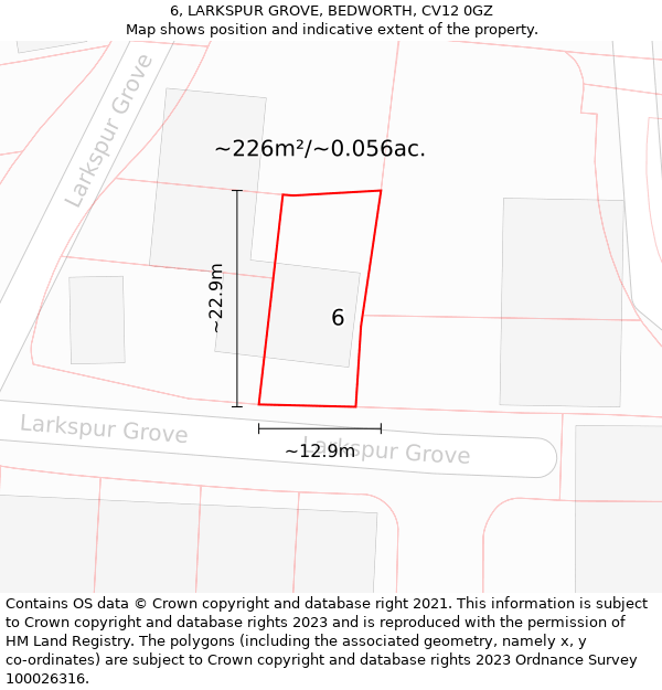 6, LARKSPUR GROVE, BEDWORTH, CV12 0GZ: Plot and title map