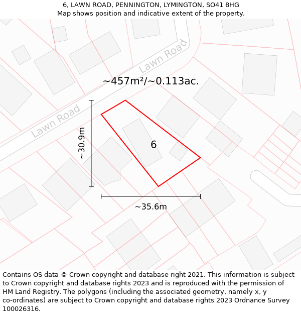 6, LAWN ROAD, PENNINGTON, LYMINGTON, SO41 8HG: Plot and title map