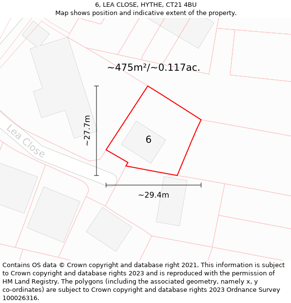 6, LEA CLOSE, HYTHE, CT21 4BU: Plot and title map