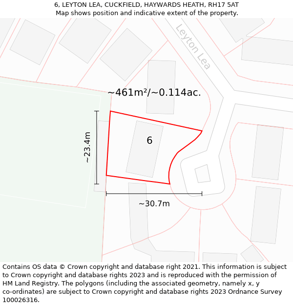 6, LEYTON LEA, CUCKFIELD, HAYWARDS HEATH, RH17 5AT: Plot and title map