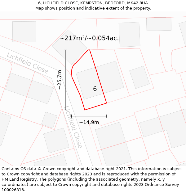 6, LICHFIELD CLOSE, KEMPSTON, BEDFORD, MK42 8UA: Plot and title map