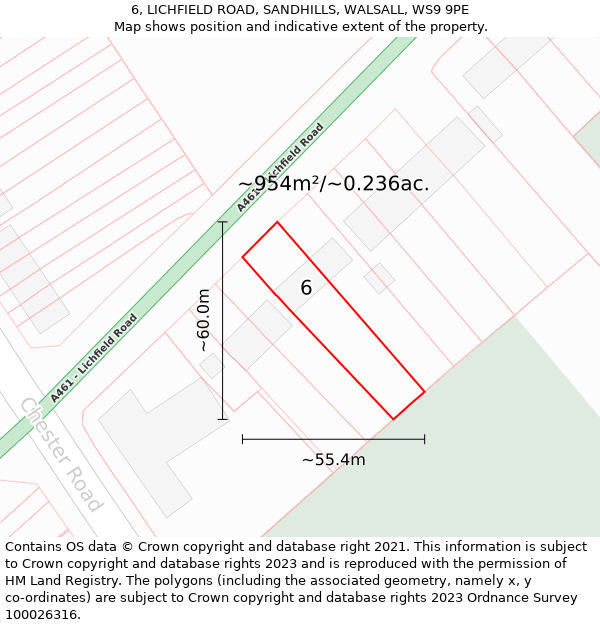 6, LICHFIELD ROAD, SANDHILLS, WALSALL, WS9 9PE: Plot and title map