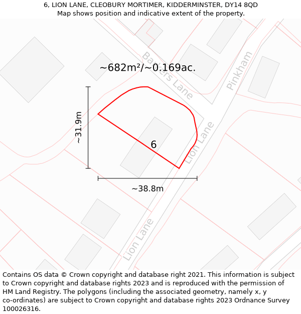 6, LION LANE, CLEOBURY MORTIMER, KIDDERMINSTER, DY14 8QD: Plot and title map