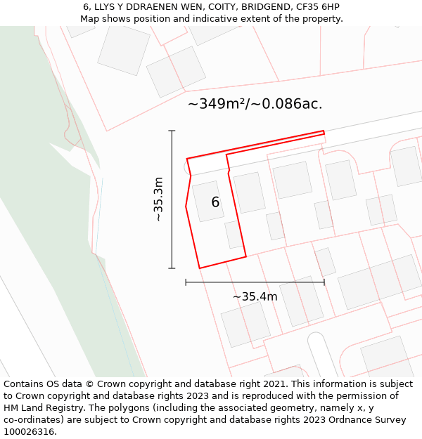 6, LLYS Y DDRAENEN WEN, COITY, BRIDGEND, CF35 6HP: Plot and title map