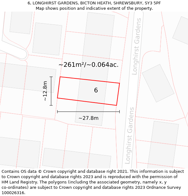 6, LONGHIRST GARDENS, BICTON HEATH, SHREWSBURY, SY3 5PF: Plot and title map