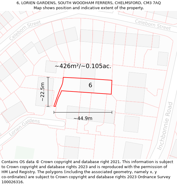6, LORIEN GARDENS, SOUTH WOODHAM FERRERS, CHELMSFORD, CM3 7AQ: Plot and title map