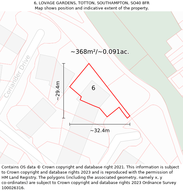 6, LOVAGE GARDENS, TOTTON, SOUTHAMPTON, SO40 8FR: Plot and title map