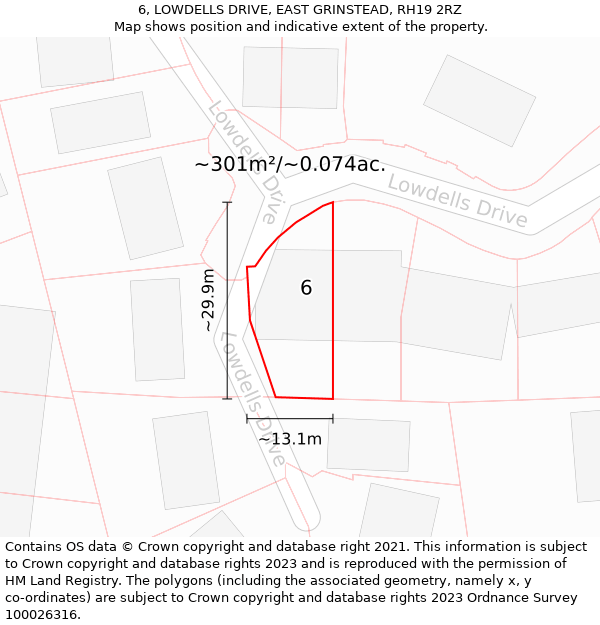 6, LOWDELLS DRIVE, EAST GRINSTEAD, RH19 2RZ: Plot and title map