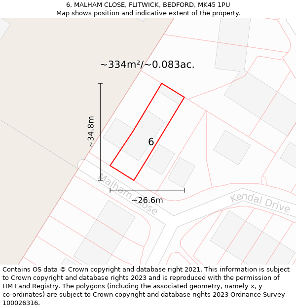 6, MALHAM CLOSE, FLITWICK, BEDFORD, MK45 1PU: Plot and title map