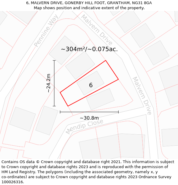 6, MALVERN DRIVE, GONERBY HILL FOOT, GRANTHAM, NG31 8GA: Plot and title map