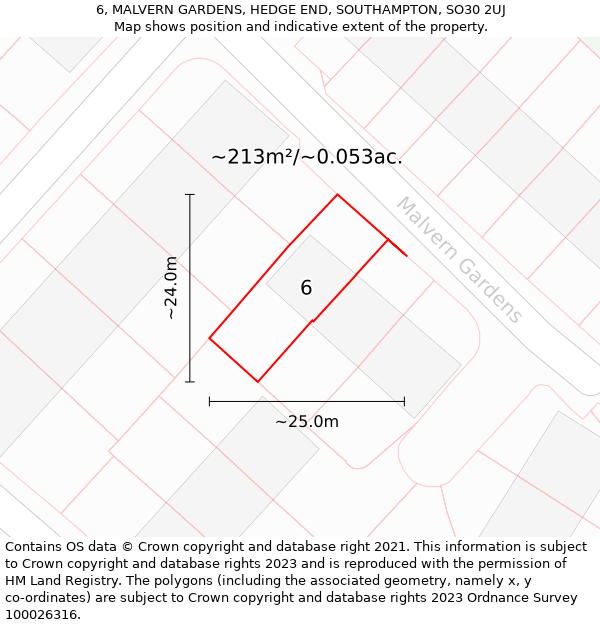 6, MALVERN GARDENS, HEDGE END, SOUTHAMPTON, SO30 2UJ: Plot and title map