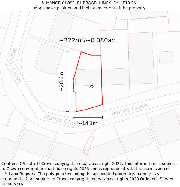 6, MANOR CLOSE, BURBAGE, HINCKLEY, LE10 2NL: Plot and title map