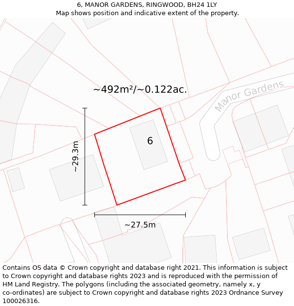 6, MANOR GARDENS, RINGWOOD, BH24 1LY: Plot and title map