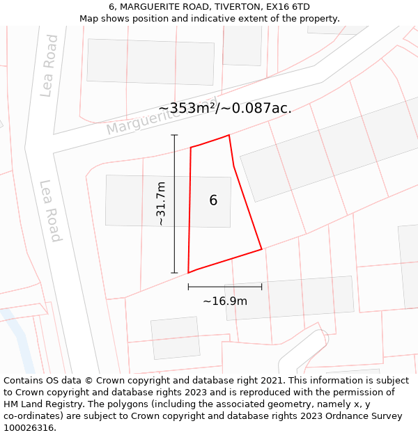 6, MARGUERITE ROAD, TIVERTON, EX16 6TD: Plot and title map