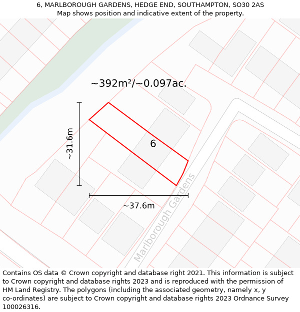 6, MARLBOROUGH GARDENS, HEDGE END, SOUTHAMPTON, SO30 2AS: Plot and title map