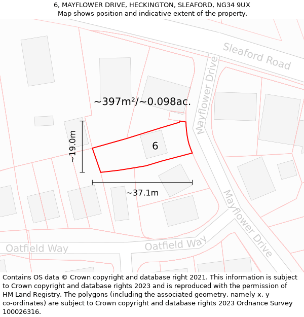 6, MAYFLOWER DRIVE, HECKINGTON, SLEAFORD, NG34 9UX: Plot and title map