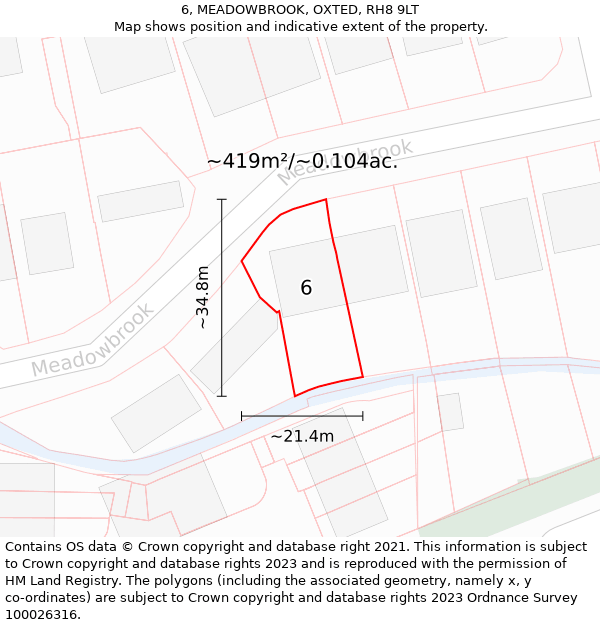 6, MEADOWBROOK, OXTED, RH8 9LT: Plot and title map