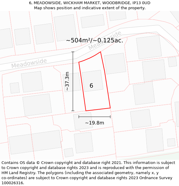 6, MEADOWSIDE, WICKHAM MARKET, WOODBRIDGE, IP13 0UD: Plot and title map