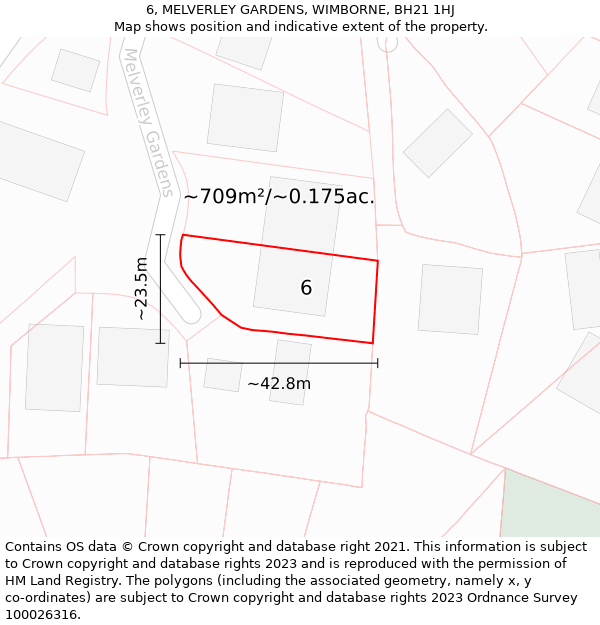 6, MELVERLEY GARDENS, WIMBORNE, BH21 1HJ: Plot and title map