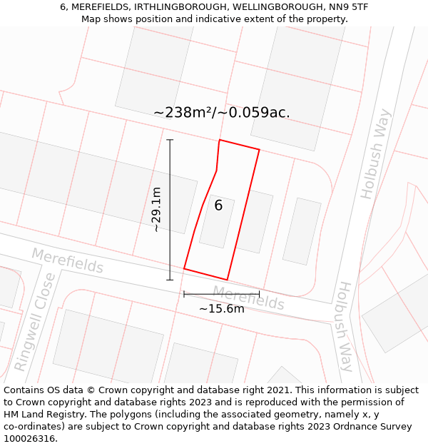 6, MEREFIELDS, IRTHLINGBOROUGH, WELLINGBOROUGH, NN9 5TF: Plot and title map