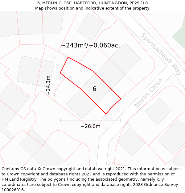 6, MERLIN CLOSE, HARTFORD, HUNTINGDON, PE29 1LR: Plot and title map