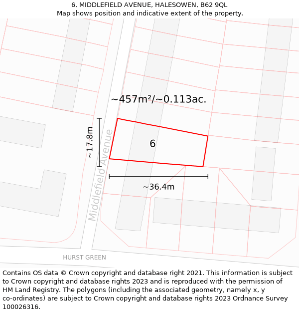 6, MIDDLEFIELD AVENUE, HALESOWEN, B62 9QL: Plot and title map