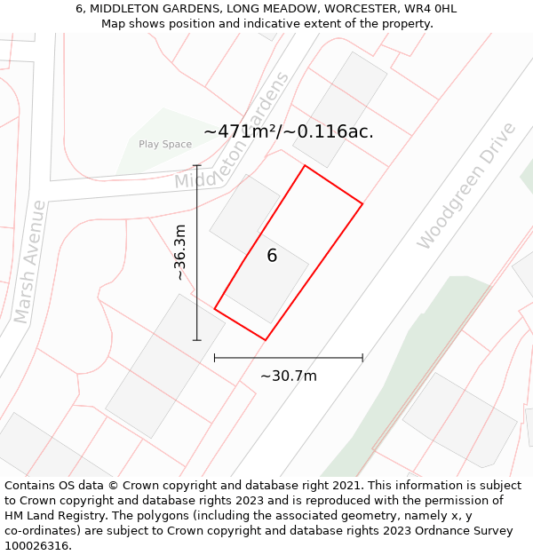 6, MIDDLETON GARDENS, LONG MEADOW, WORCESTER, WR4 0HL: Plot and title map