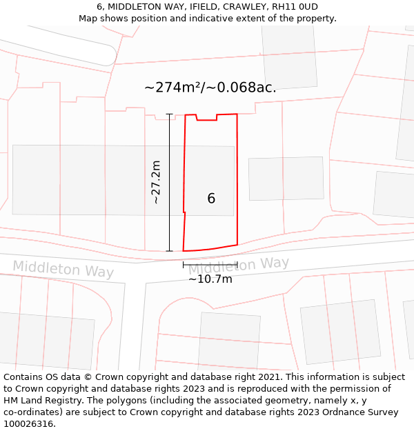 6, MIDDLETON WAY, IFIELD, CRAWLEY, RH11 0UD: Plot and title map