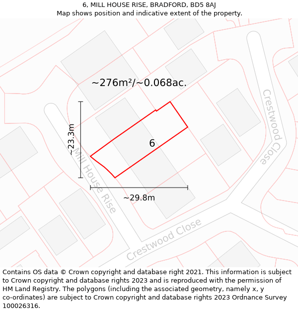 6, MILL HOUSE RISE, BRADFORD, BD5 8AJ: Plot and title map