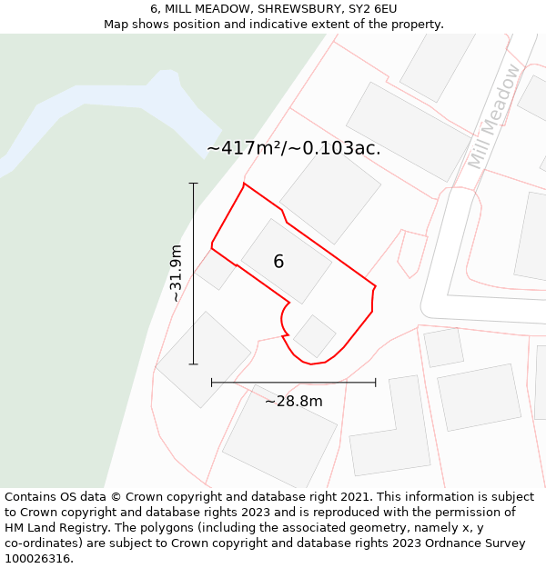 6, MILL MEADOW, SHREWSBURY, SY2 6EU: Plot and title map