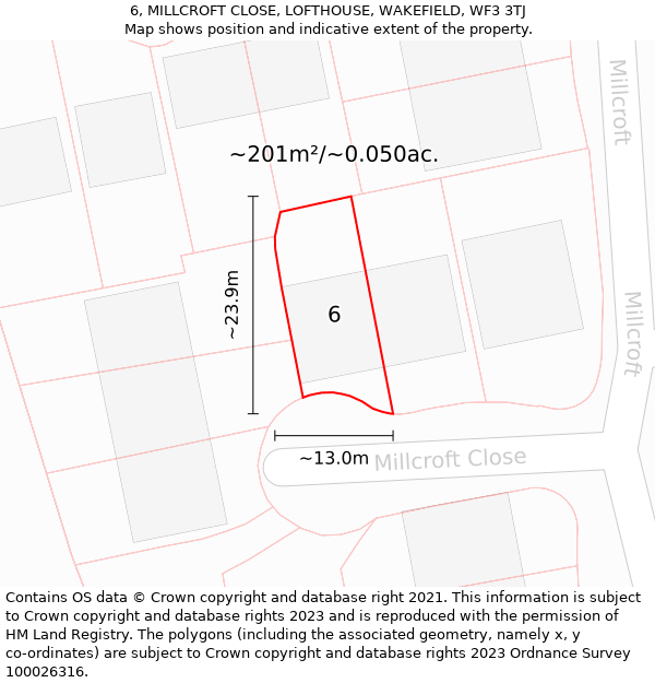 6, MILLCROFT CLOSE, LOFTHOUSE, WAKEFIELD, WF3 3TJ: Plot and title map