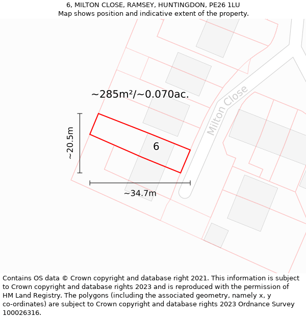 6, MILTON CLOSE, RAMSEY, HUNTINGDON, PE26 1LU: Plot and title map