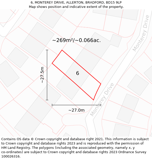 6, MONTEREY DRIVE, ALLERTON, BRADFORD, BD15 9LP: Plot and title map